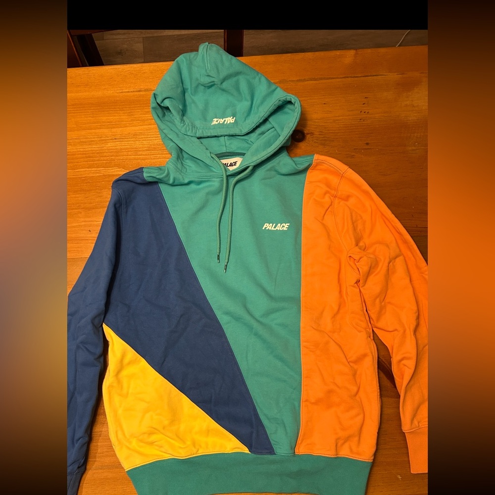 Palace Colorblock Hoodie in Teal, Blue, Orange, and Yellow. Size Medium